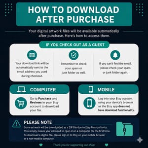May include: An instructional graphic titled HOW TO DOWNLOAD AFTER PURCHASE with a dark background and teal accents. It provides steps for guest checkout, computer and mobile downloads, and a note about ZIP files for digital artwork files.