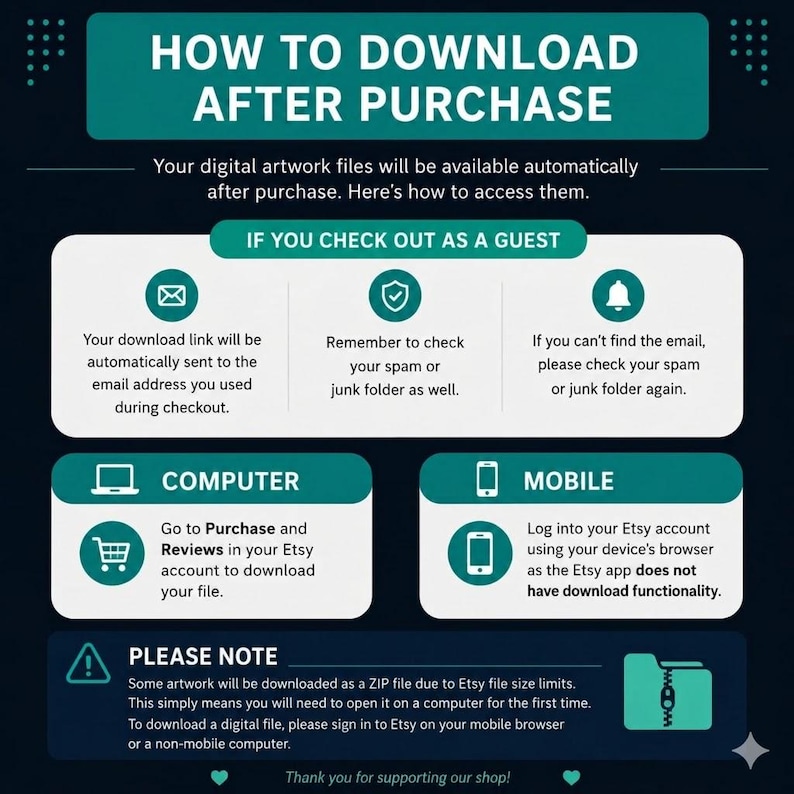 May include: An instructional graphic titled HOW TO DOWNLOAD AFTER PURCHASE with a dark background and teal accents. It provides steps for guest checkout, computer and mobile downloads, and a note about ZIP files for digital artwork files.