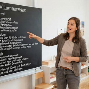 May include: A large black chalkboard featuring white text titled Unsere Willkommensmappe, with bulleted lists detailing pedagogical goals, benefits, and impacts for children, including sections on Kita-Start, transparency, and community building.