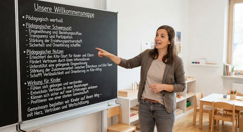 May include: A large black chalkboard featuring white text titled Unsere Willkommensmappe, with bulleted lists detailing pedagogical goals, benefits, and impacts for children, including sections on Kita-Start, transparency, and community building.