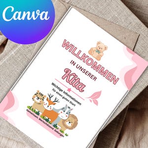 May include: A white rectangular information card with pink wavy borders featuring a cartoon teddy bear and the text WILLKOMMEN IN UNSERER Kita. Below, the text Wichtige Informationen f&uuml;r einen guten Start appears above illustrations of a tiger, deer, zebra, and lion with the text Gemeinsam. Wertsch&auml;tzend. Geborgen.
