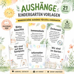 May include: A set of 21 printable kindergarten notice templates featuring watercolor illustrations of suns, leaves, and flowers. The signs include German text for school announcements, health notices, and playground updates, presented in a clean, white layout.