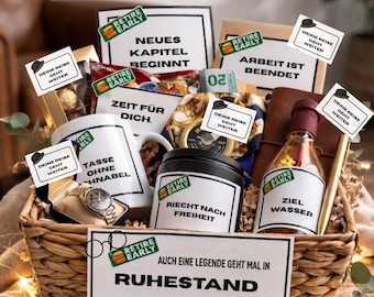 Ruhestands-Überlebenspaket, Abschiedsgeschenk für Kollegen, Ruhestand – Druckbare Etiketten, Geschenkkorb, Abschiedsgeschenk vom Arbeitsplat