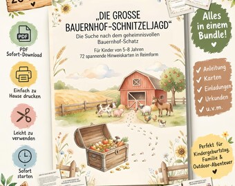 Die große Bauernhof-Schnitzeljagd Kinder | Schatzsuche Kindergeburtstag | 72 Hinweiskarten in Reimform | Printable PDF | Outdoor Spiel