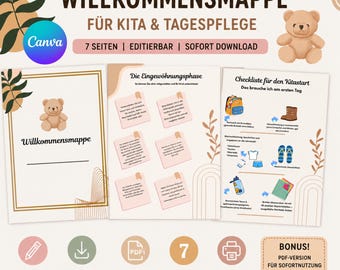Willkommensmappe Kita Canva Vorlage | Elternmappe Kindergarten PDF | Eingewöhnung Infomappe | Kita Aufnahme Mappe Editierbar