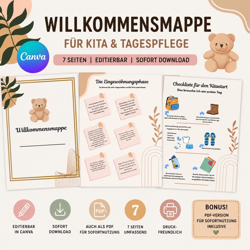 Willkommensmappe Kita Canva Vorlage | Elternmappe Kindergarten PDF | Eingewöhnung Infomappe | Kita Aufnahme Mappe Editierbar