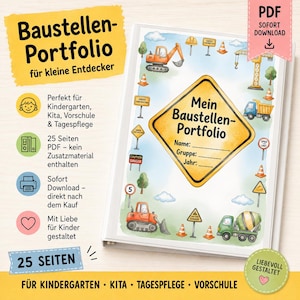 Op de afbeelding: Een digitale PDF-portfolio-omslag voor kinderen met illustraties in bouwthema, waaronder een graafmachine, een kiepwagen, een betonmixer en diverse verkeersborden. Het centrale gele ruitvormige bord bevat de tekst Mein Baustellen-Portfolio.