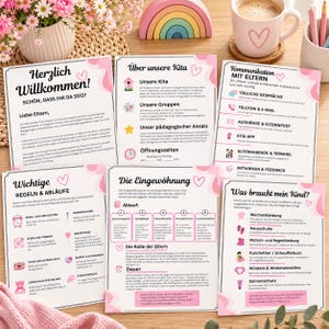 May include: A set of five informational flyers for a daycare center, featuring pink and white abstract designs, heart icons, and German text. The documents outline policies, communication methods, daily routines, and required items for children in care.