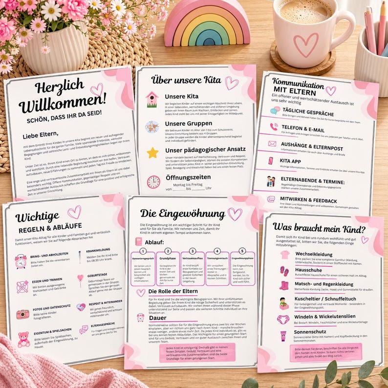 May include: A set of five informational flyers for a daycare center, featuring pink and white abstract designs, heart icons, and German text. The documents outline policies, communication methods, daily routines, and required items for children in care.