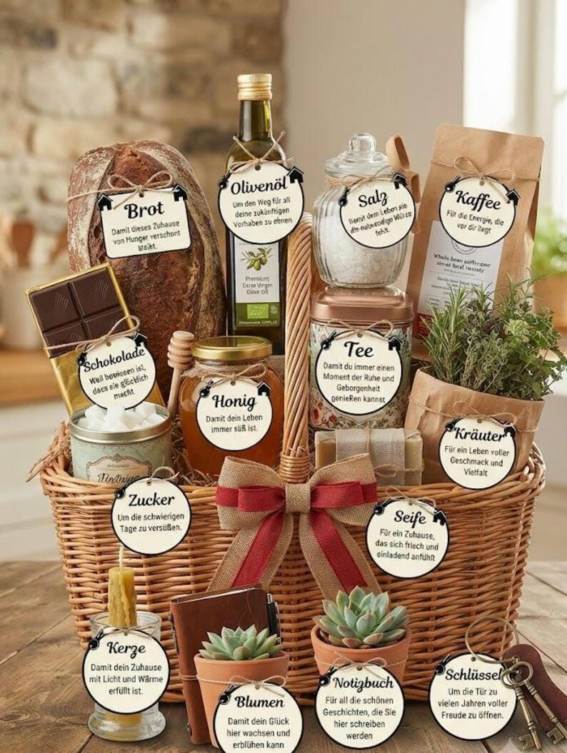 May include: A woven wicker gift basket filled with assorted items including a loaf of bread, olive oil, salt, coffee, chocolate, honey, tea, herbs, sugar, soap, a candle, a notebook, succulents, and keys. Each item features a round white tag with German text.