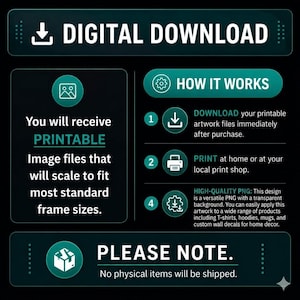 May include: A digital download informational graphic with a dark background and teal accents. It features sections titled DIGITAL DOWNLOAD, HOW IT WORKS, and PLEASE NOTE. It explains that printable image files are provided for scaling to standard frame sizes, and that no physical items will be shipped to the customer.