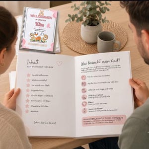 May include: A spiral-bound information booklet titled Willkommen in unserer Kita with a pink border and animal illustrations. The open pages display a table of contents titled Inhalt and a section titled Was braucht mein Kind with icons.