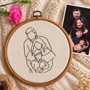 Custom Hand-Embroidered Family Portrait from Photo | Personalized Line Art Hoop