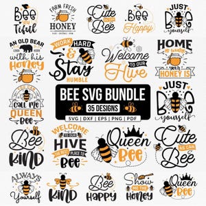 Pode incluir: Um conjunto de 35 designs SVG com tema de abelhas. Os designs incluem frases como "Bee Kind", "Bee Happy" e "Queen Bee", juntamente com ilustrações de abelhas e potes de mel. Disponível em formatos SVG, DXF, EPS, PNG e PDF.