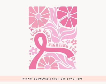 SVG de concienciación sobre el cáncer de mama con diseño floral bohemio: abstracto, una cura por la que vale la pena luchar, PNG de cinta rosa