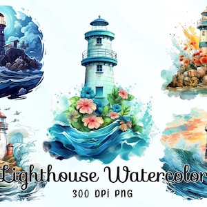 May include: Watercolor illustrations of lighthouses surrounded by ocean waves and colorful skies. The images feature various lighthouse designs, some with flowers and rocky bases. The text "Lighthouse Watercolor" and "300 DPI PNG" are also included.