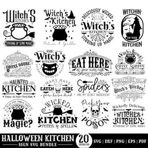 May include: A collection of 20 Halloween-themed kitchen signs in black and white. Designs include cauldrons, witch hats, spiders, and phrases like "Witch's Kitchen" and "Eat Here at Your Own Risk." The bundle is available in SVG, DXF, PNG, EPS, and PDF formats.