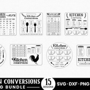 May include: A collection of 15 black and white kitchen conversion charts in a SVG bundle. The charts include measurements for volume, weight, and temperature, with illustrations of measuring cups, spoons, and jars. The text "Kitchen Conversions" is prominently displayed.