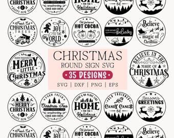Kerstbord SVG-bundel, ronde kerstborden voor thuis of in boerderijstijl, houten deurhangers met kerstthema voor Cricut