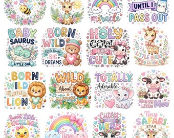 Baby Animal PNG Bundle, Newborn Boy Girl Onesie Toddler Bodysuit Shirt Design, Funny Baby Shower Nursery Decor Sublimation Designs