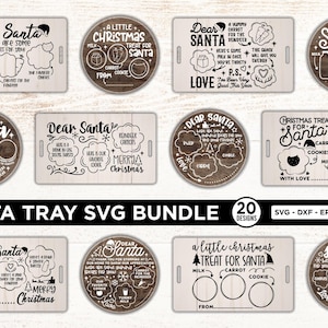 May include: A collection of 20 Santa tray SVG designs. The designs include rectangular and circular trays with text like "Dear Santa" and "Christmas Treats for Santa". The trays have spaces for milk, cookies, and carrots.