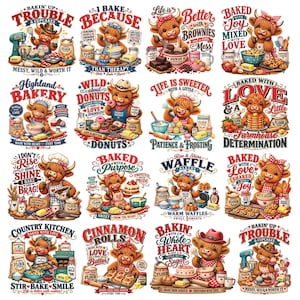 Peut inclure: Une collection de seize illustrations graphiques représentant des vaches highland de dessin animé engagées dans diverses activités de pâtisserie, chacune accompagnée de slogans uniques comme Bakin' Up Trouble et Highland Bakery.