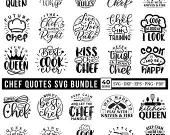 Paquete de archivos SVG para chefs: diseños divertidos con frases y citas para delantales de cocina y panaderos (PNG)