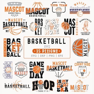 May include: A collection of basketball-themed designs featuring basketballs, hoops, and text. The designs include the words "Mascot Basketball," "Game Day," and "Hoop." The color scheme is primarily orange, black, and white. The image is suitable for sports-related merchandise.