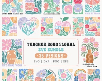 Boho Teacher SVG Bundle, 35 Retro Floral Teacher Life Cut Files, Pencil Apple Book Graphics, Teacher Appreciation Shirt designs for Cricut