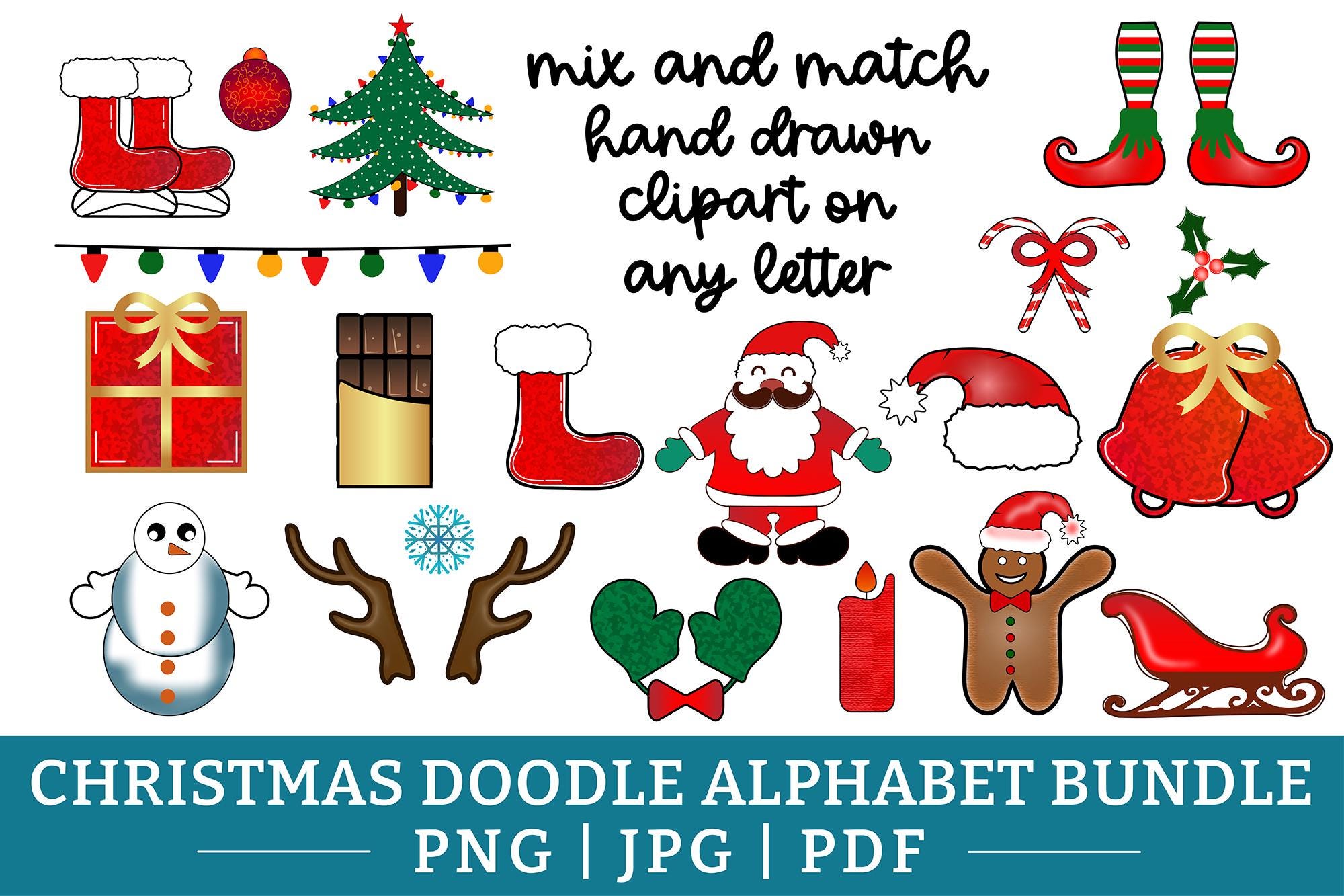 Christmas Doodle Alphabet PNG Bundle: Xmas Letters, Fonts, Clipart ...