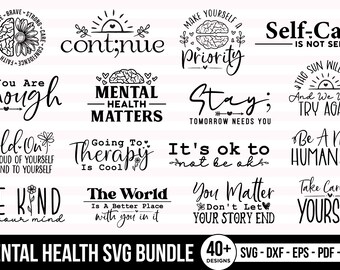 Pakiet SVG poświęcony zdrowiu psychicznemu: inspirujące, motywujące i pozytywne projekty koszulek (PNG)