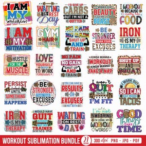 Könnte beinhalten: Eine Sammlung von 27 Sublimationsdesigns zum Thema Training mit motivierenden Zitaten. Die Designs zeigen Sätze wie „Ich bin meine Motivation“, „Kein Schmerz, kein Gewinn“ und „Sei stärker als deine Ausreden“ in verschiedenen Schriftarten und Farben. Das Bundle enthält PNG-, JPG- und PDF-Formate.