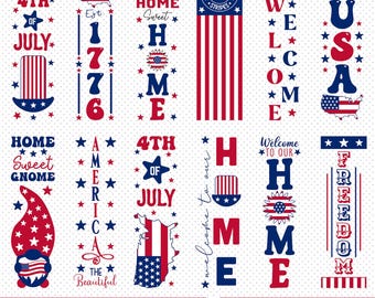 4th of July Porch Sign SVG Bundle: Patriotic Welcome Signs, USA Vertical Door Designs