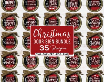Round Christmas Door Sign SVG Bundle: Xmas Welcome Outdoor Hanger Decor Cut Files
