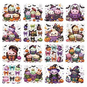 May include: A collection of sixteen square stickers featuring cute, round characters in Halloween costumes, including witches, pumpkins, bats, and skulls. The designs incorporate purple, orange, and green color palettes with bows and spiderwebs.