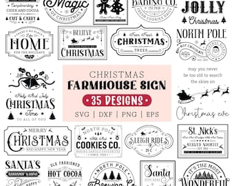Può includere: Una collezione di 35 design digitali natalizi in bianco e nero con varie tipografie, icone festive come Babbo Natale, renne, alberi e campane, e frasi come Believe in the Magic e North Pole.