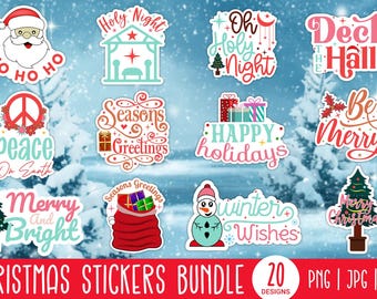 Könnte beinhalten: Ein Paket mit 20 Aufklebern zum Thema Weihnachten mit verschiedenen Designs. Die Aufkleber zeigen den Weihnachtsmann, eine Krippe, Weihnachtsbäume und festliche Sätze wie "Frohe Weihnachten" und "Frohe Feiertage". Erhältlich in PNG-, JPG- und PDF-Formaten.