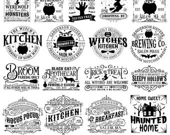 Vintage Halloween Sign SVG Bundle, Witches Kitchen Coffee Co. Bed & Breakfast Farmhouse Signs, Spooky Halloween Decor Laser Cutting Designs