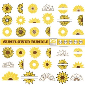 May include: A collection of 35 sunflower designs in various styles, including full blooms, half blooms, and outline drawings. The sunflowers are primarily yellow with brown centers. The text "SUNFLOWER BUNDLE" is displayed on a yellow banner, along with file type icons.