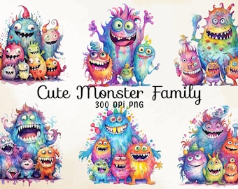 Funny Monster Family Clipart Bundle: Watercolor Cartoon Monsters Graphics PNG
