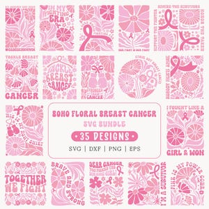 May include: A collection of 35 pink and white Boho floral breast cancer SVG designs. The designs include floral patterns, ribbons, and text such as "Together We Fight" and "I'm a Survivor."