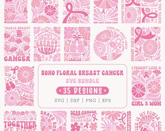 Paquete de archivos SVG con motivos florales bohemios para la concientización sobre el cáncer de mama: diseños de lazos de concienciación con flores abstractas rosas y coquetas.