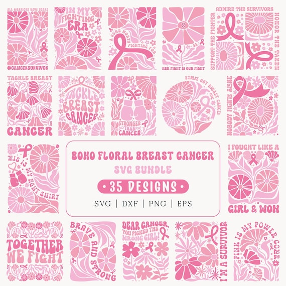 Boho Floral Breast Cancer SVG Bundle: Pink Abstract Flowers Coquette Bow Awareness Ribbon Designs