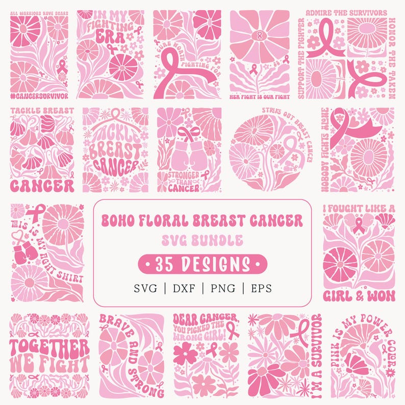 May include: A collection of 35 pink and white Boho floral breast cancer SVG designs. The designs include floral patterns, ribbons, and text such as "Together We Fight" and "I'm a Survivor."