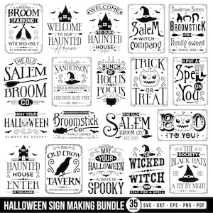 May include: A collection of twenty black and white graphic designs for Halloween signs. The illustrations feature text, pumpkins, witch hats, brooms, haunted houses, and crows. Each design is framed with decorative borders and various typography styles.