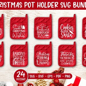 Peut inclure: Ensemble de maniques de Noël rouges avec des inscriptions blanches. Chaque manique présente une phrase sur le thème des fêtes, comme "Holiday Baking Crew" et "Cookies for Santa". L'image affiche également "24 Designs" et les options de type de fichier.