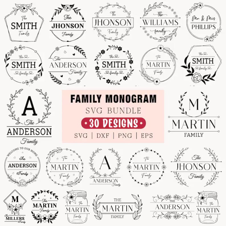 Family Name Monogram SVG Bundle: Floral Frame, Last Name Sign Designs ...