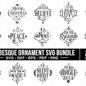 May include: A selection of 25 black and white arabesque ornament designs featuring festive words such as "Merry Christmas", "Believe", and "Joy". The designs are available in SVG, DXF, EPS, PDF, and PNG formats.