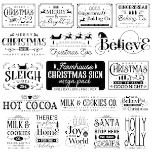 以下が含まれることがあります： Merry Christmas、Gingerbread Baking Co.、Sleigh Rides、Hot Cocoa、Milk & Cookies Co.などのホリデーをテーマにしたタイポグラフィとイラストが特徴の、白黒のデジタルグラフィックデザイン集。クラフトプロジェクト向け。