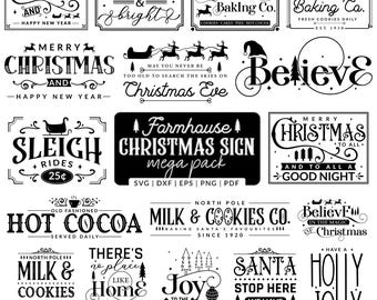 Può includere: Una collezione di disegni grafici digitali in bianco e nero con tipografia e illustrazioni a tema natalizio, tra cui frasi come Merry Christmas, Gingerbread Baking Co., Sleigh Rides e Milk & Cookies Co. per progetti creativi.